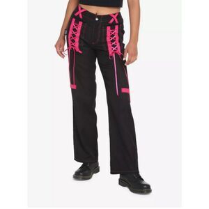 TRIPP NYC Royal Bones Corset Lace Up Wide Leg Jeans Goth Y2K Mall Black Pink 5